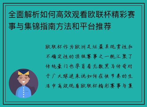 全面解析如何高效观看欧联杯精彩赛事与集锦指南方法和平台推荐